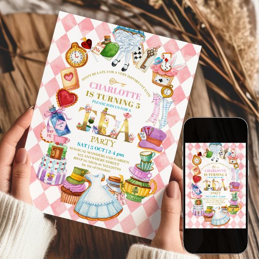 不思議の国のピンクのアリス　５歳の誕生日パーティー招待状 招待状
