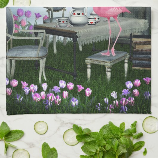 不思議の国のピンクのフラミンゴのお茶会の台所タオル キッチンタオル (折り畳み)