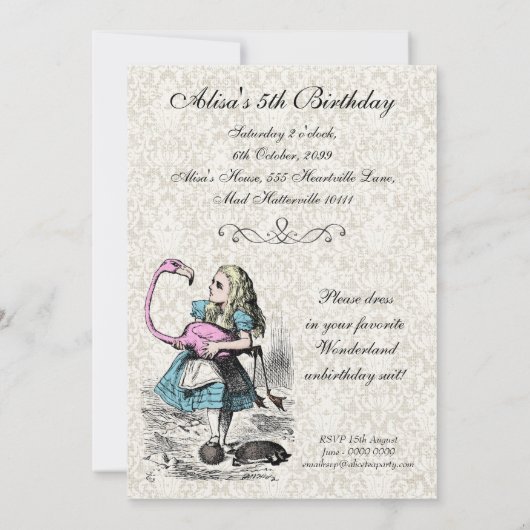 不思議の国のピンクのフラミンゴの誕生会のアリス 招待状 (裏面)