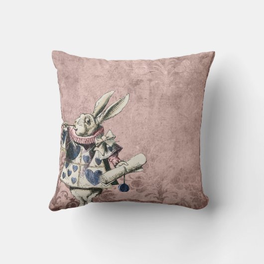 不思議の国のピンク色の青いヘラルドの白うさぎアリス クッション (裏面)