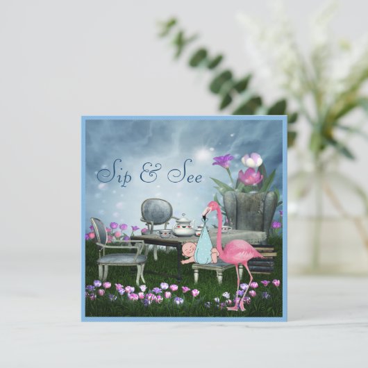 不思議の国のフラミンゴの一口は及び男の子のベビーシャワーを見ます 招待状 (スタンド正面)