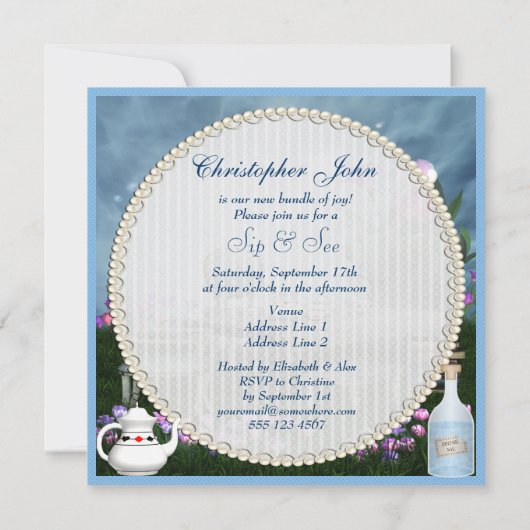 不思議の国のフラミンゴの一口は及び男の子のベビーシャワーを見ます 招待状 (裏面)