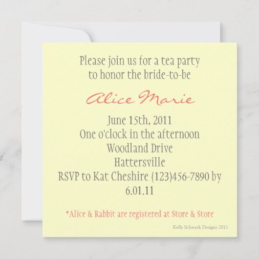 不思議の国のブライダルまたはベビーシャワーの招待のアリス 招待状 (裏面)