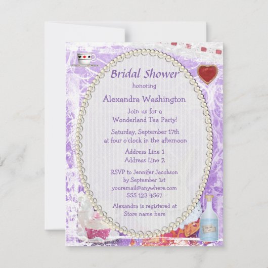 不思議の国のブライダルシャワーのコラージュのかわいいアリス 招待状 (裏面)