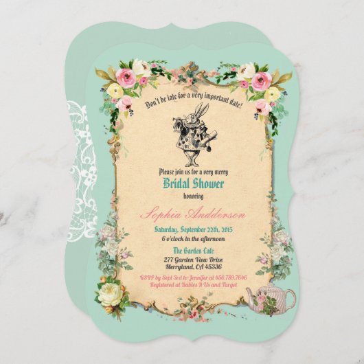 不思議の国のブライダルシャワーの招待のティール(緑がかった色)のアリス 招待状 (正面/裏面)