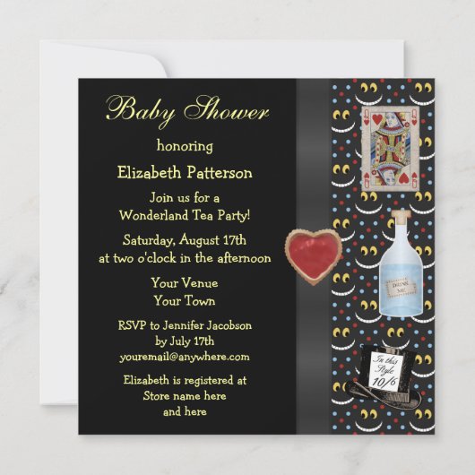 不思議の国のベビーシャワーのお茶会の招待のアリス 招待状 (裏面)