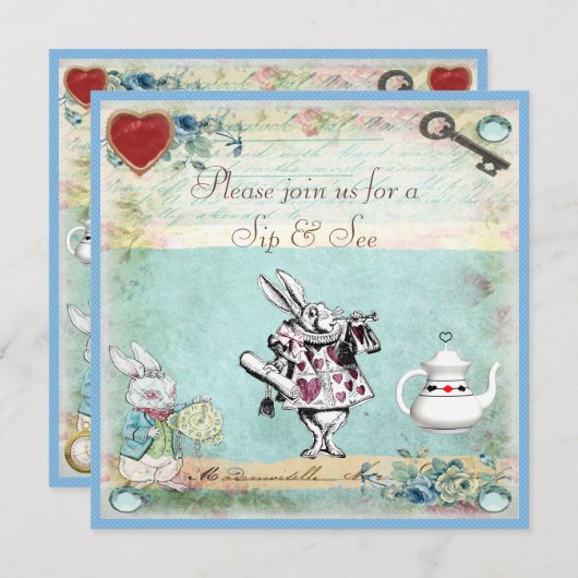 不思議の国のベビーシャワーのアリスをすすって下さい及び会って下さい 招待状 (正面/裏面)