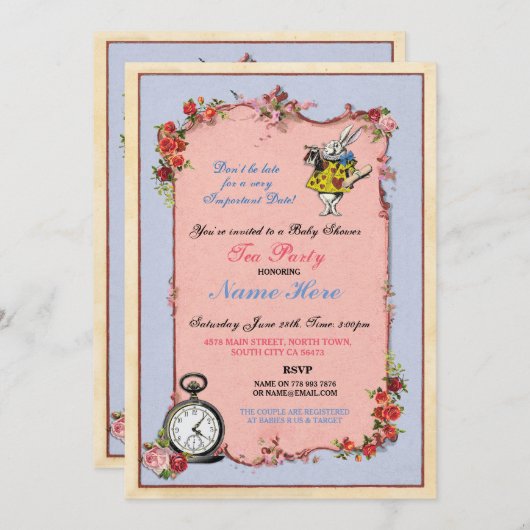 不思議の国のベビーシャワーのティーポットの招待状のアリス 招待状 (正面/裏面)