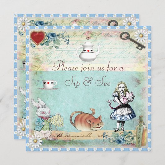 不思議の国のベビーシャワーのヴィンテージアリスをすすって下さい及び見て下さい 招待状 (正面/裏面)
