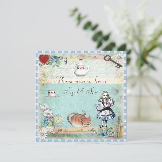 不思議の国のベビーシャワーのヴィンテージアリスをすすって下さい及び見て下さい 招待状 (スタンド正面)