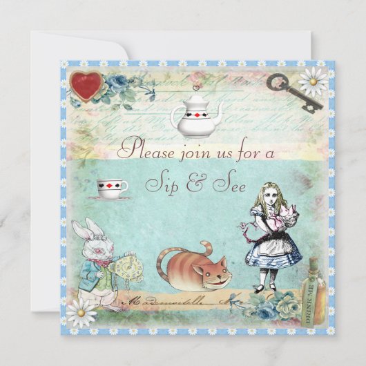 不思議の国のベビーシャワーのヴィンテージアリスをすすって下さい及び見て下さい 招待状 (正面)