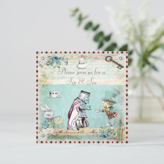 不思議の国のベビーシャワーのヴィンテージアリスをすすって下さい及び見て下さい 招待状 (スタンド正面)