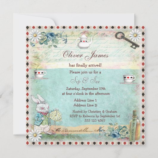 不思議の国のベビーシャワーのヴィンテージアリスをすすって下さい及び見て下さい 招待状 (裏面)