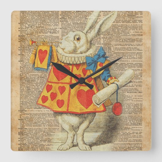 不思議の国のヴィンテージのアートワークの白いウサギアリス スクエア壁時計 (正面)