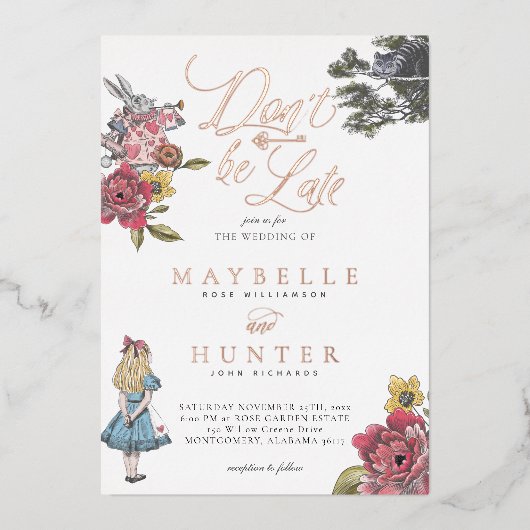 不思議の国のヴィンテージアリスに遅れはな結婚い 箔招待状 (正面)