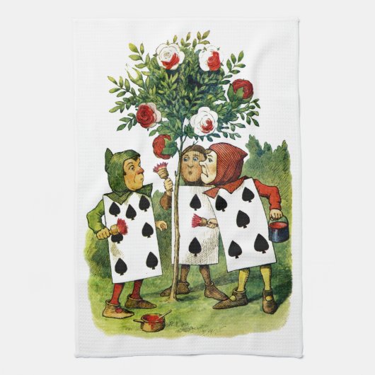 不思議の国の中心のバラの女王を絵を描くこと キッチンタオル (縦)