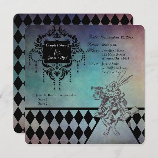 不思議の国の夫婦のシャワーにあるアリス 招待状 (正面/裏面)