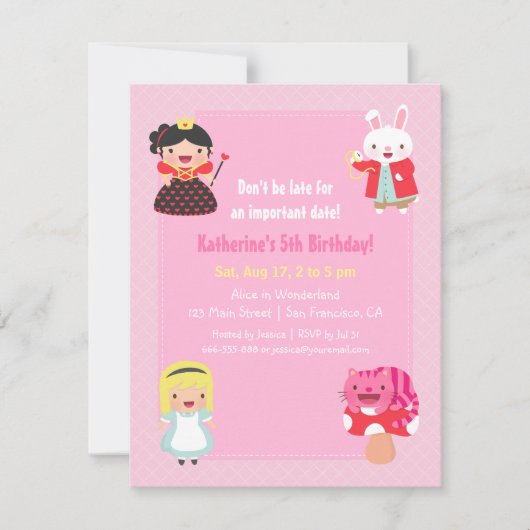 不思議の国の女の子の誕生日パーティーでかわいいアリス 招待状 (正面)