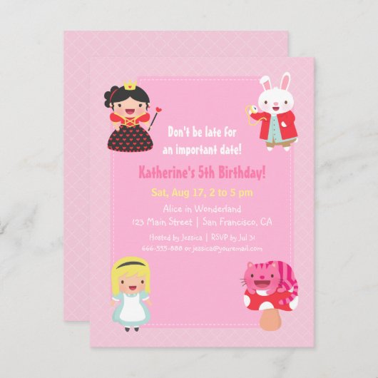 不思議の国の女の子の誕生日パーティーでかわいいアリス 招待状 (正面/裏面)