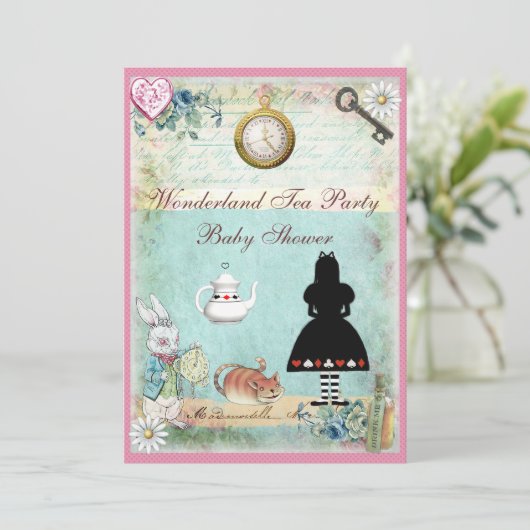 不思議の国の女の赤ちゃんのシャワーのお茶会のアリス 招待状 (スタンド正面)