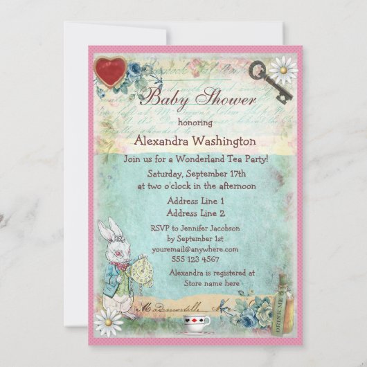 不思議の国の女の赤ちゃんのシャワーのお茶会のアリス 招待状 (裏面)