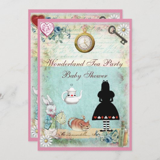 不思議の国の女の赤ちゃんのシャワーのお茶会のアリス 招待状 (正面/裏面)