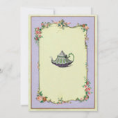 不思議の国の婚約のティーポットのカップルのパーティーの紫色 招待状 (裏面)