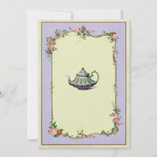 不思議の国の婚約のティーポットのカップルのパーティーの紫色 招待状 (裏面)