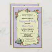 不思議の国の婚約のティーポットのカップルのパーティーの紫色 招待状 (正面/裏面)