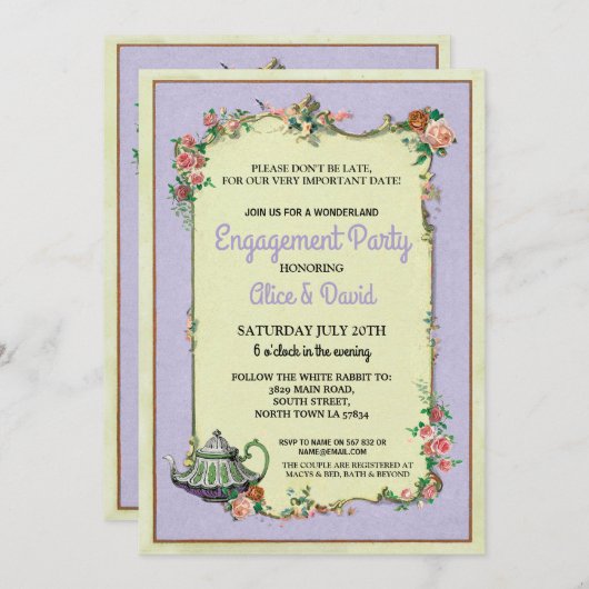 不思議の国の婚約のティーポットのカップルのパーティーの紫色 招待状 (正面/裏面)
