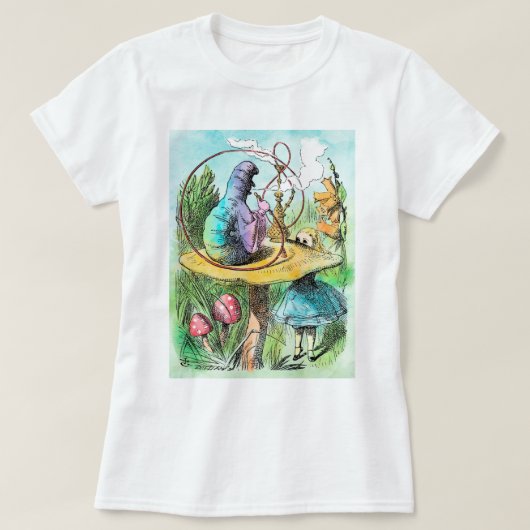 不思議の国の幼虫の女性Tシャツのアリス Tシャツ (デザイン正面)