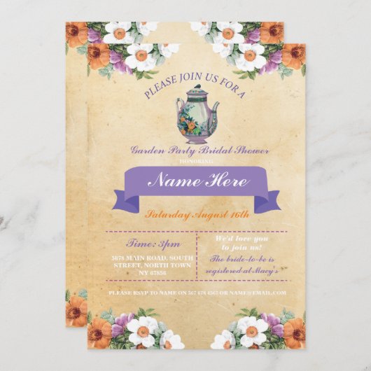 不思議の国の招待のブライダルシャワーのティーポットアリス 招待状 (正面/裏面)