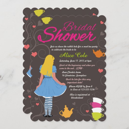 不思議の国の気違いのお茶会のブライダルシャワーのアリス 招待状 (正面/裏面)