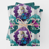 不思議の国の紫の緑の枠のアリス ラッピングペーパーシート (インサイチュ)