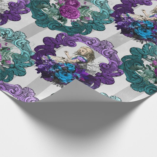 不思議の国の紫の緑の枠のアリス ラッピングペーパー (角)