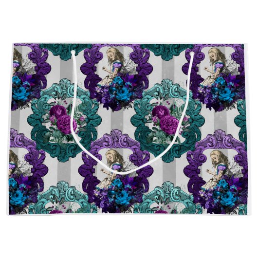 不思議の国の紫の緑の枠のアリス ラージペーパーバッグ (正面)