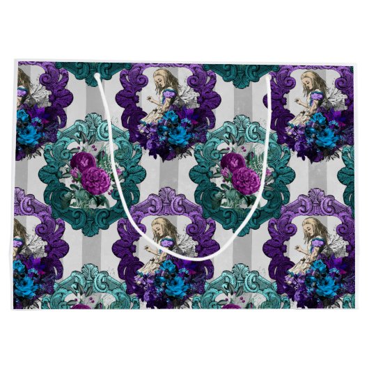 不思議の国の紫の緑の枠のアリス ラージペーパーバッグ (裏面)