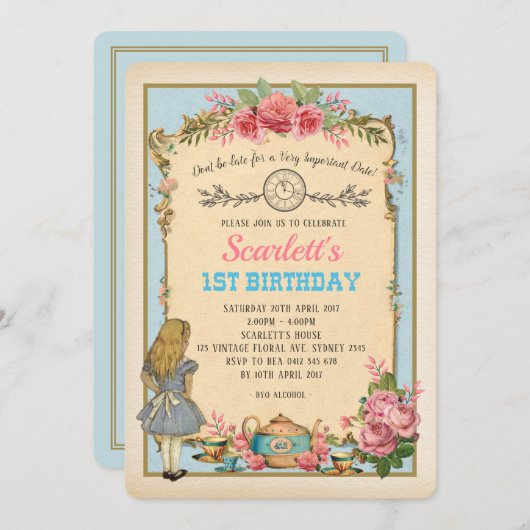 不思議の国の誕生日のお茶会のヴィンテージアリス 招待状 (正面/裏面)