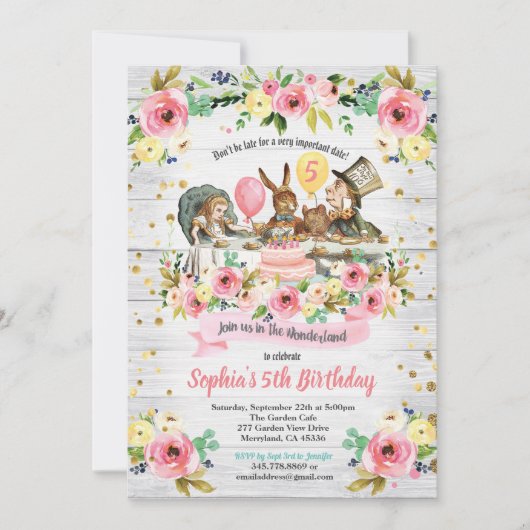 不思議の国の誕生日の招待フローラ 招待状 (正面)