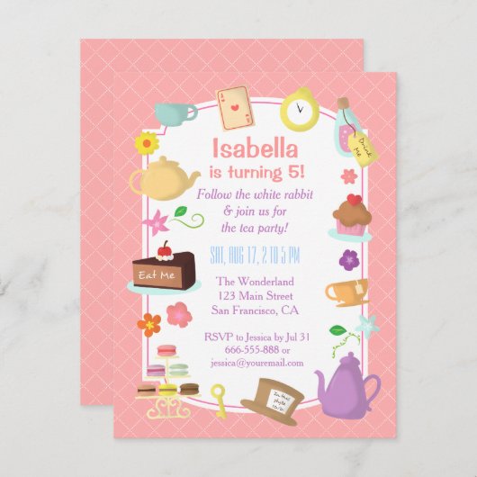 不思議の国の誕生日の茶パーティの招待状のアリス 招待状 (正面/裏面)