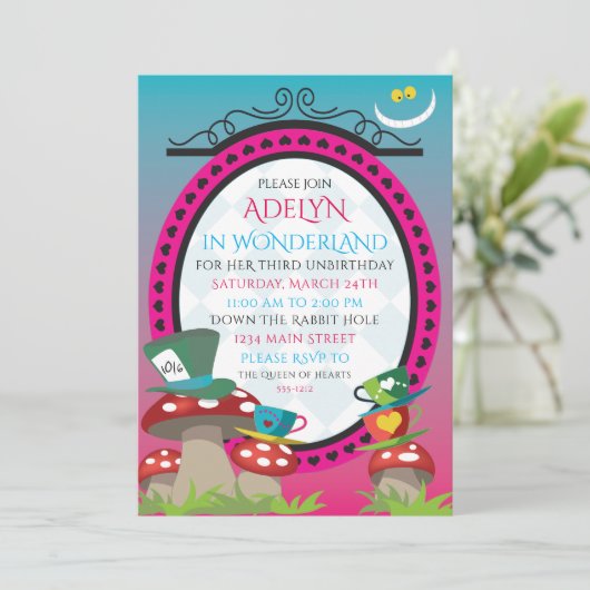 不思議の国の誕生日の茶パーティの招待状のアリス 招待状 (スタンド正面)