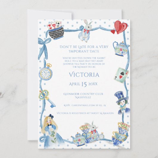 不思議の国の赤ちゃんお洒落のシャワーのアリス 招待状 (正面)