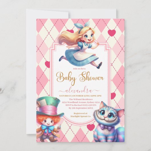 不思議の国の赤ちゃんシャワーのアリス 招待状 (正面)