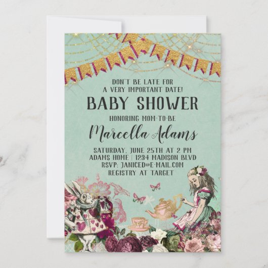 不思議の国の赤ちゃんシャワーのアリス 招待状 (正面)