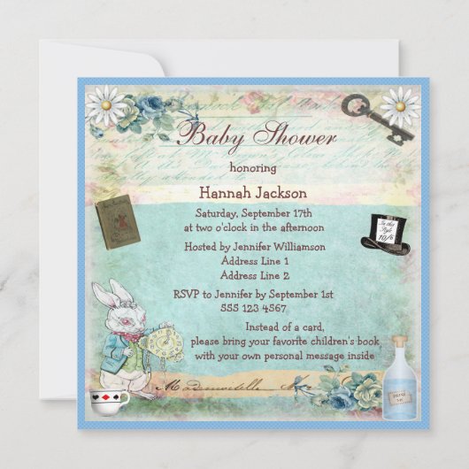 不思議の国の赤ん坊のシャワーに本のアリスを連れて来る 招待状 (裏面)