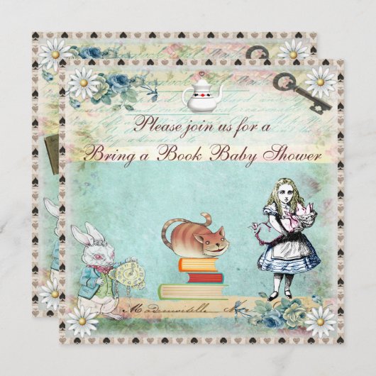 不思議の国の赤ん坊のシャワーに本のアリスを連れて来る 招待状 (正面/裏面)