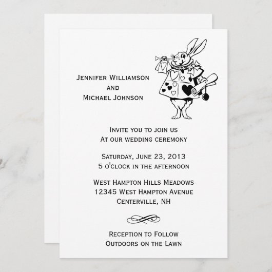 不思議の国#2の白黒のモダンな結婚式のアリス 招待状 (正面/裏面)