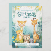 不思議の森の動物たちをテーマにした誕生日パーティーのご招待 招待状 (正面/裏面)