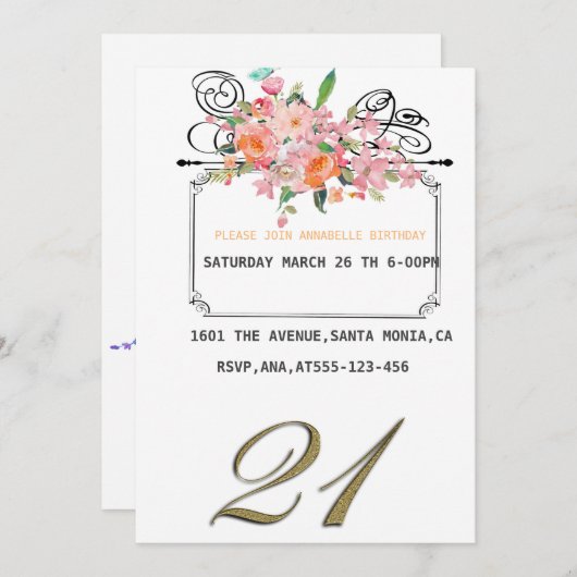 不明なフローラ誕生日の招待 招待状 (正面/裏面)