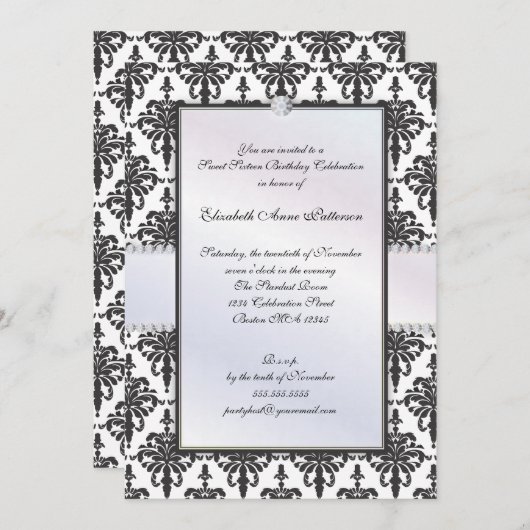 不朽の黒い及び白人のダマスク織の菓子16のパーティー 招待状 (正面/裏面)